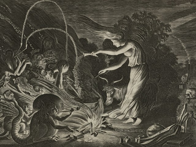 Een heks bij een kookpot waar zij poeders in giet. Er waait een harde wind. Voor haar een groep monsters. Noord-Hollands Archief / J. van de Velde, 1593-1641.