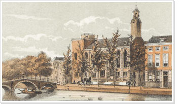 View of the University building on Rapenburg. Litho (in colour) by G.J. Bos. From: Leyden in Miniatuur (ca 1850)